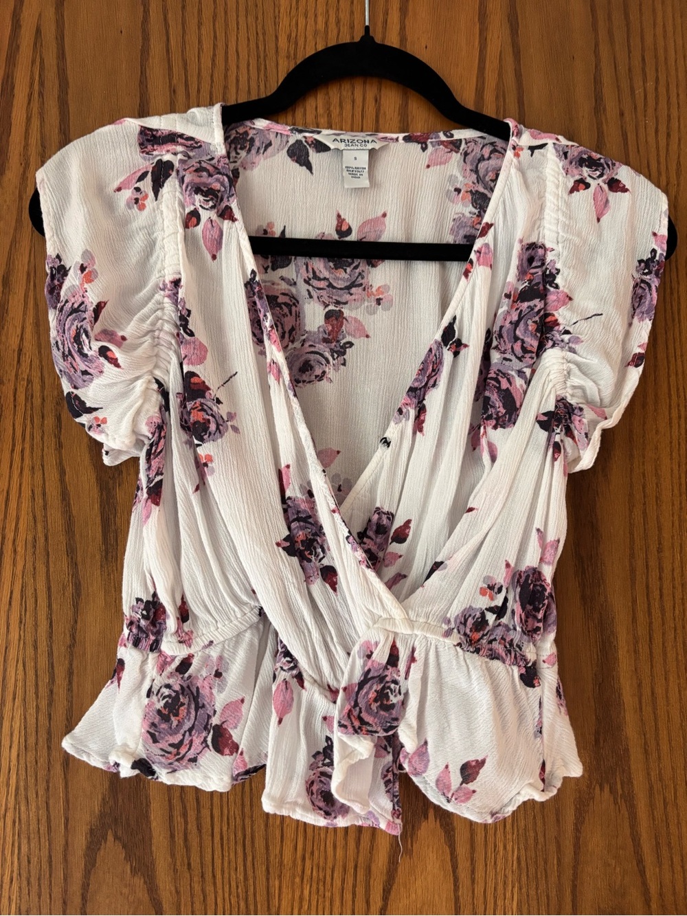 Arizona Jean Company White Floral Wrap Top with Pink & Purple Roses